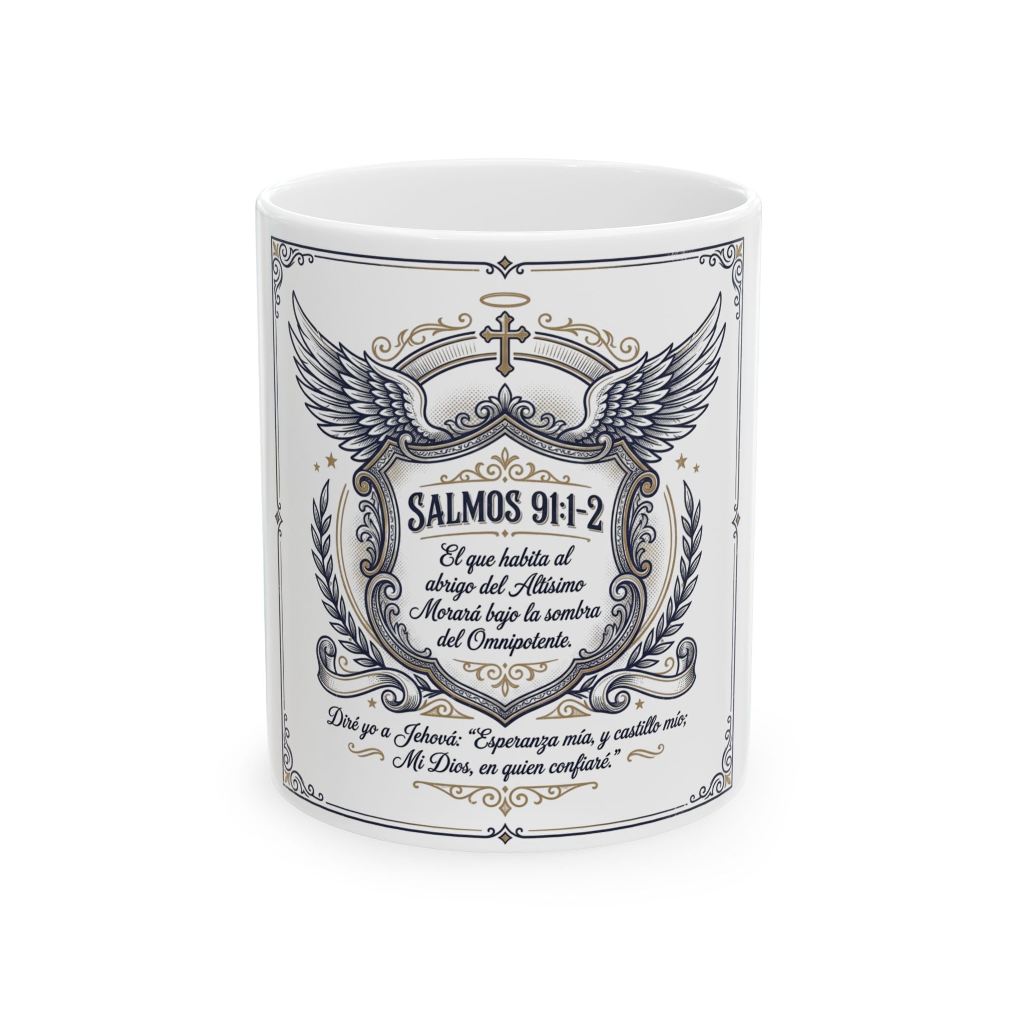 Ceramic Mug - Salmos 91:1-2 Spanish Scripture Coffee Cup with Winged Crest (11oz/15oz)